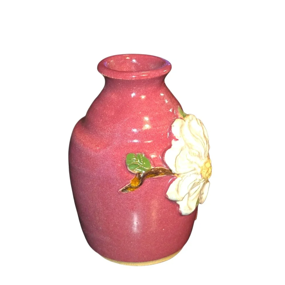 Judy Jones Pottery VTG Dogwood & Chickadee Bud Vase Signed Small‎ Pink 2002 EUC!